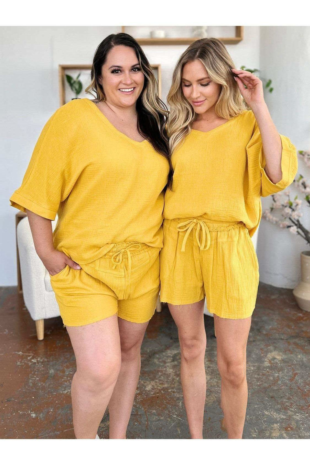 Double Take Texture Half Sleeve T-Shirt and Drawstring Shorts Set - SwagglyLife Home & Fashion